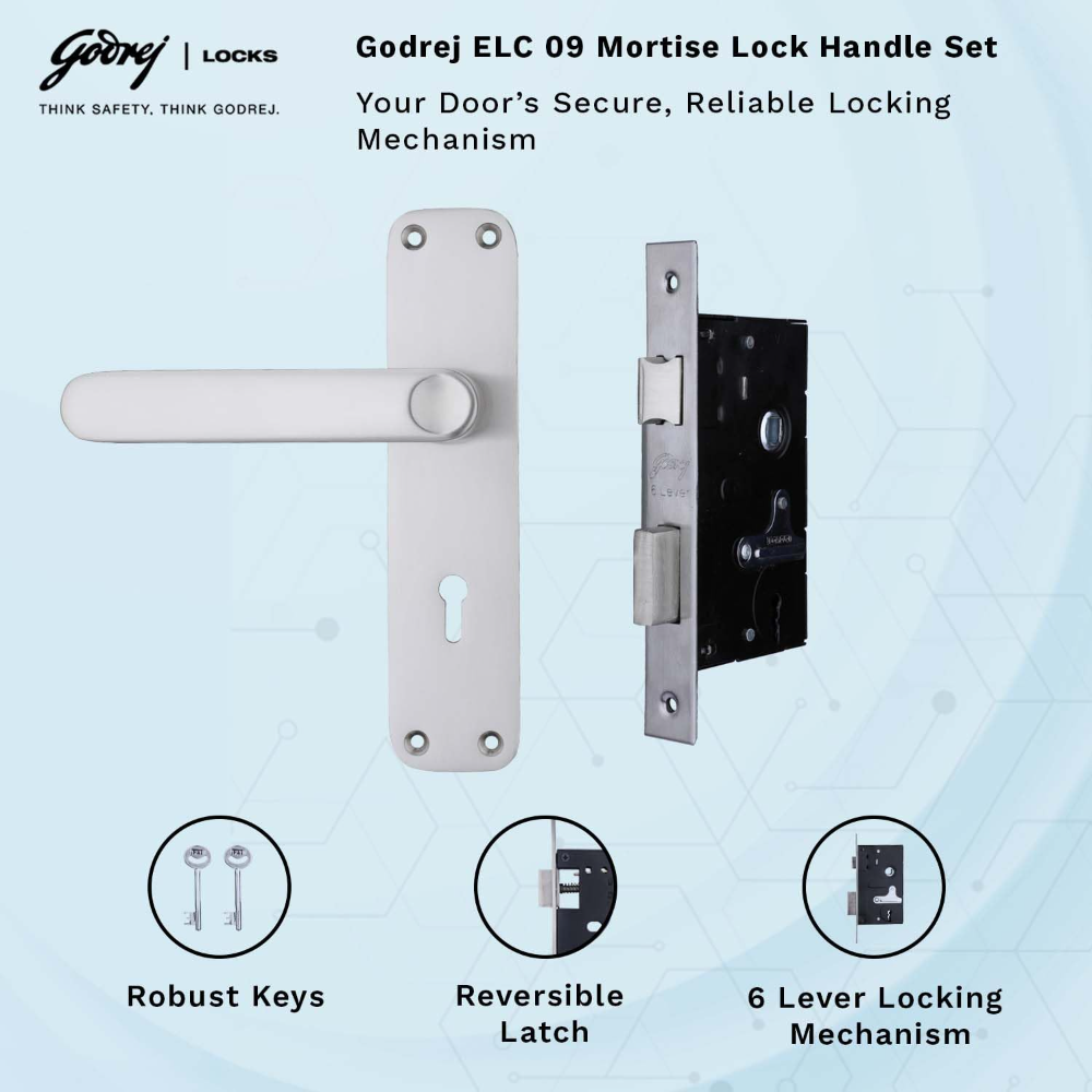 Godrej Mortise Door Lock | Handle Set | ELC 09 | 6-Lever Locking Mechanism | Reversible Latch | For Home & Office | for Wooden Doors | Satinless Finish | 5 Year Warranty